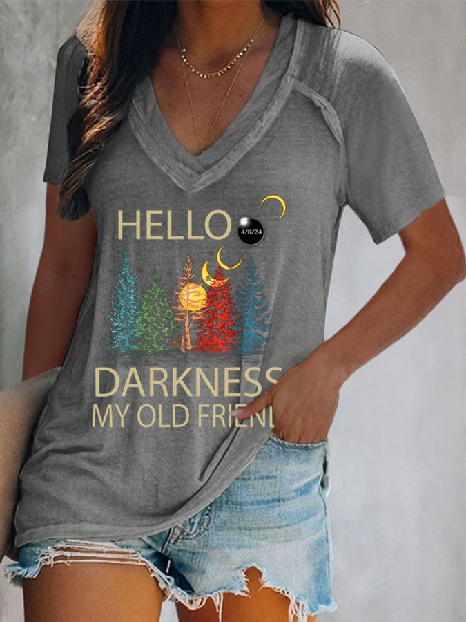 Women's Hello Darkness My Old Friend 2024 Total Solar Eclipse Print T-Shirt