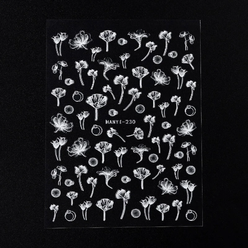 5D White Nail Sticker Rose Flower Engraved Embosse Design Transfer Decals Slider Wraps DIY Nail Art Decoration Accessories