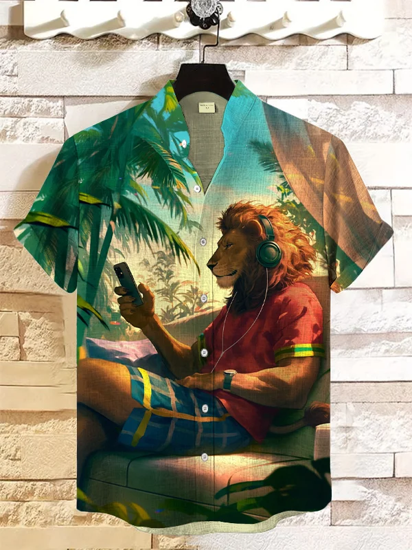 Men's Leisure Lion Listening To Music On Vacation Art Print Casual Shirt