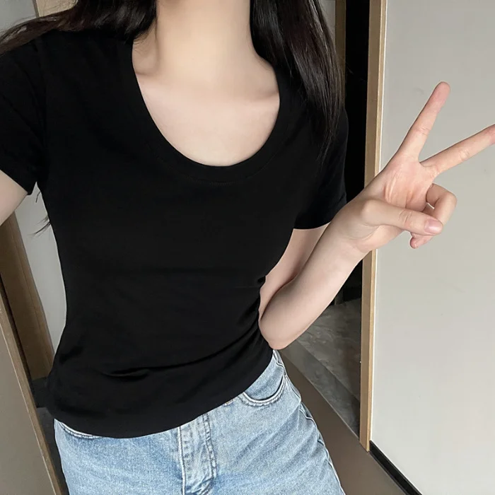 Brownm Brownm U Collar Short T-Shirt Female 2024 Summer New Slim Hot Girl With Waist Half Sleeve Shirt Bottom Small Top