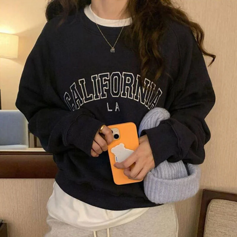 Churchf Churchf Chic Autumn Retro Round Collar Embroidered Letter Design Loose Casual Long Sleeve Head And Fleece Girl