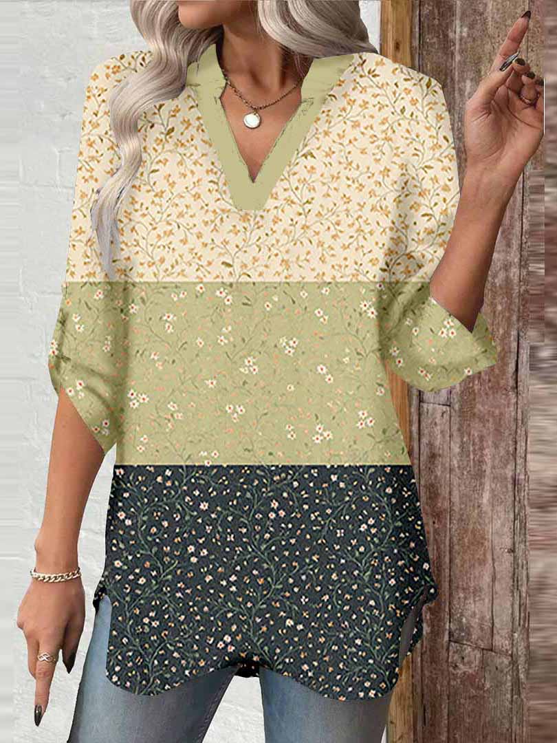 Women Floral,Patchwork DZGA0007 3/4 Sleeve V-neck Printed Graphic Button Tops