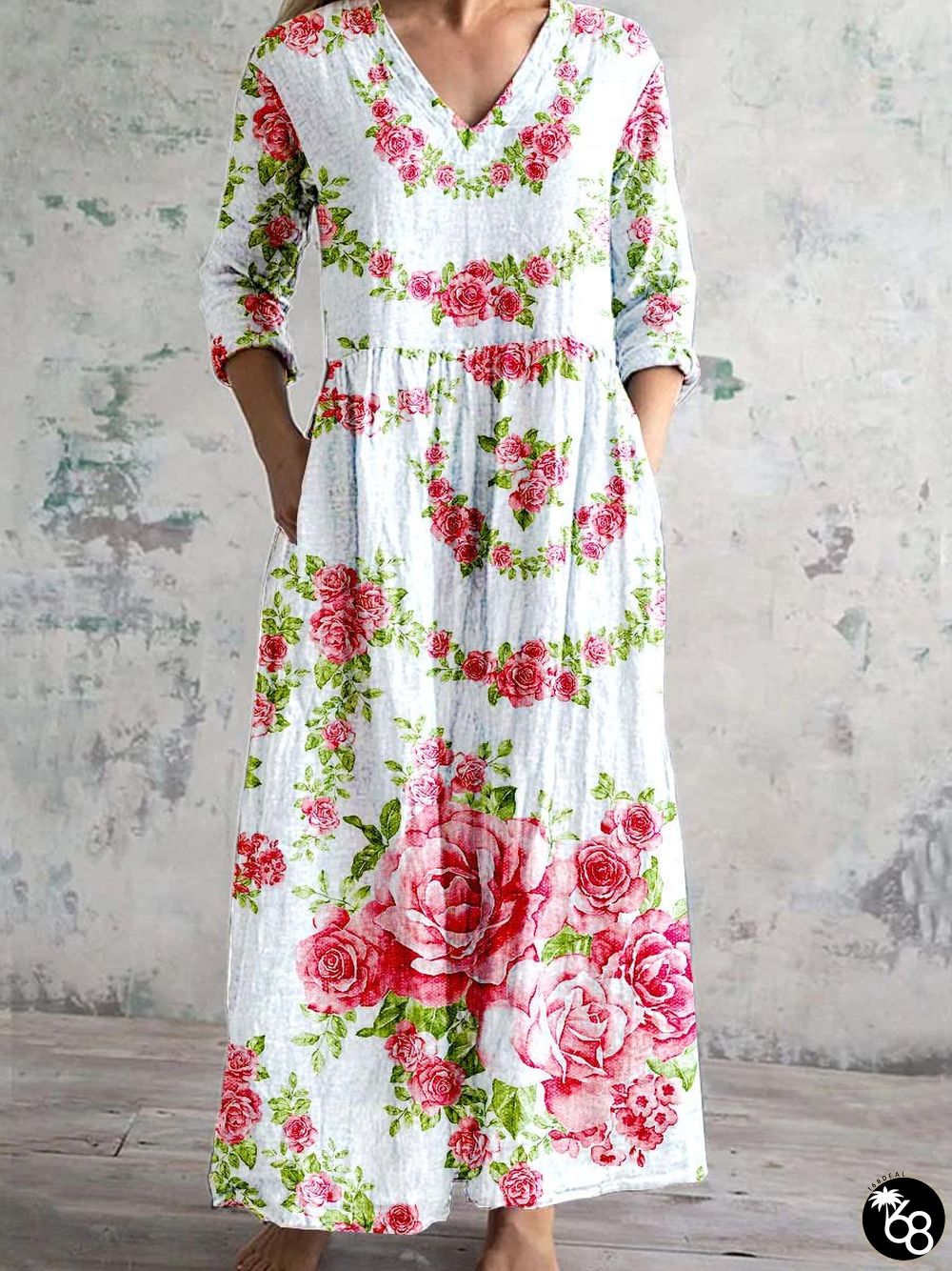 Women's V Neck Art Rose Floral Pattern Dress With Pockets | 168DEAL
