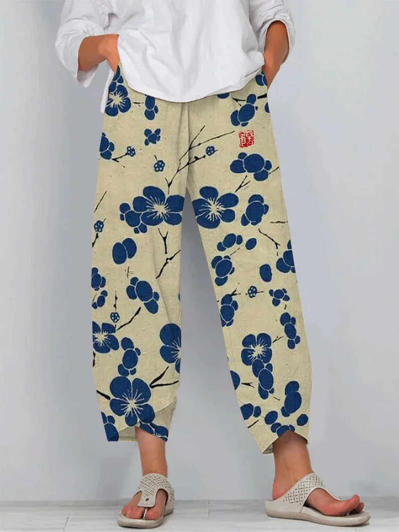 Japanese Classic Plum Blossom Print Loose Casual Pants