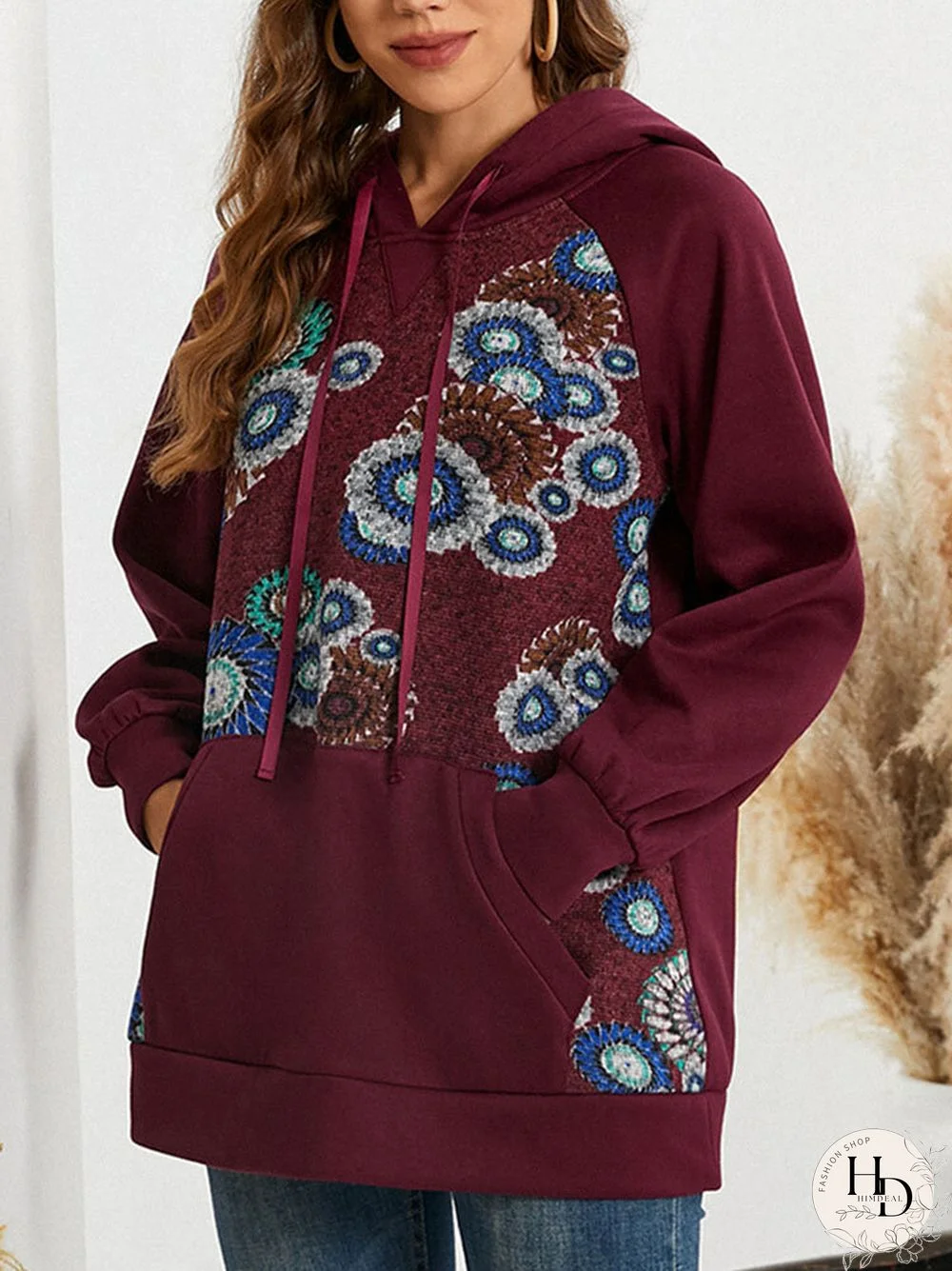 Flower Stitch Pocket Drawstring Long Sleeve Pullover Hoodie