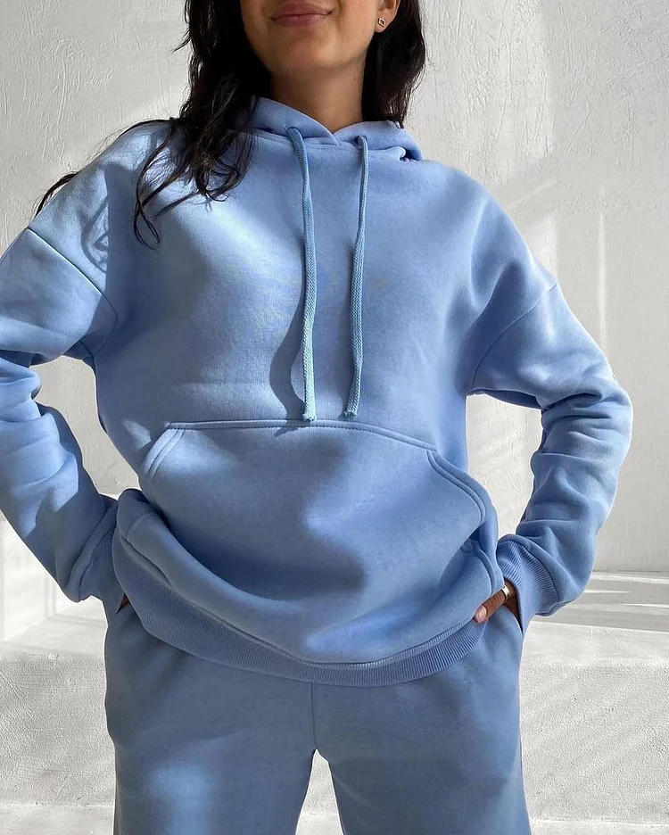 Solid Color Fleece Long-Sleeved Hooded Sweatshirt Trousers Two-Piece Set at Hiphopee