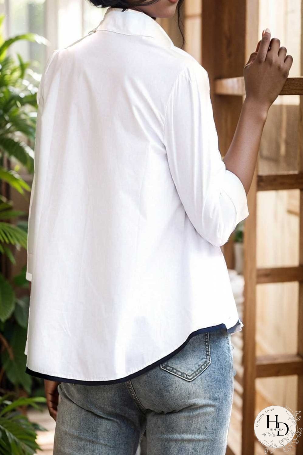 embroidered button mid sleeve casual blouse