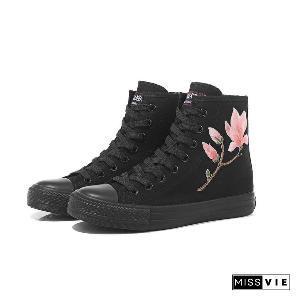Vintage Blossom Embroidery Lace Up Zipper Canvas Shoes