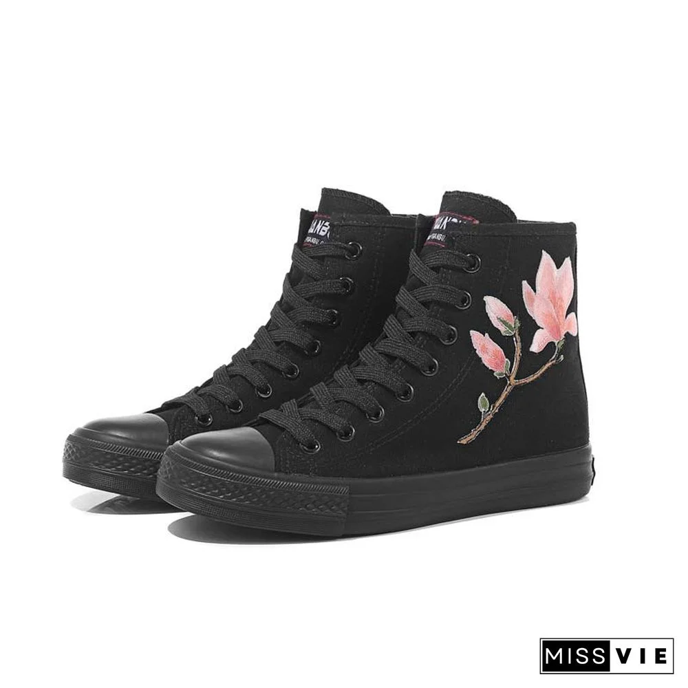 Vintage Blossom Embroidery Lace Up Zipper Canvas Shoes