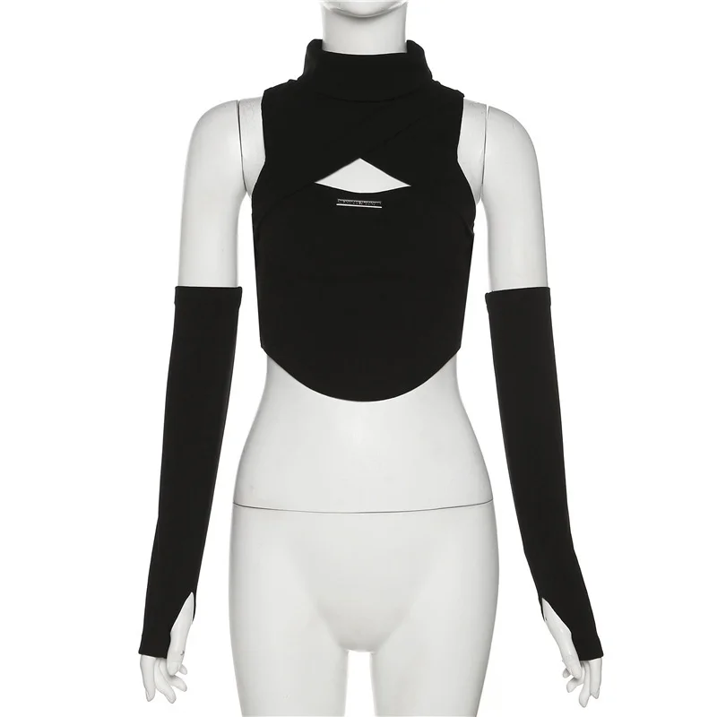 Toloer Toloer 2023 New Women's Solid Color Sexy High Neck Sleeveless Hollow Out Crop Vest-Outfit Ideas