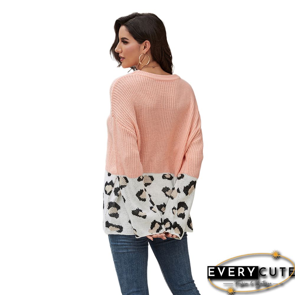 Pink Splice Leopard Colorblock Loose Style Sweater