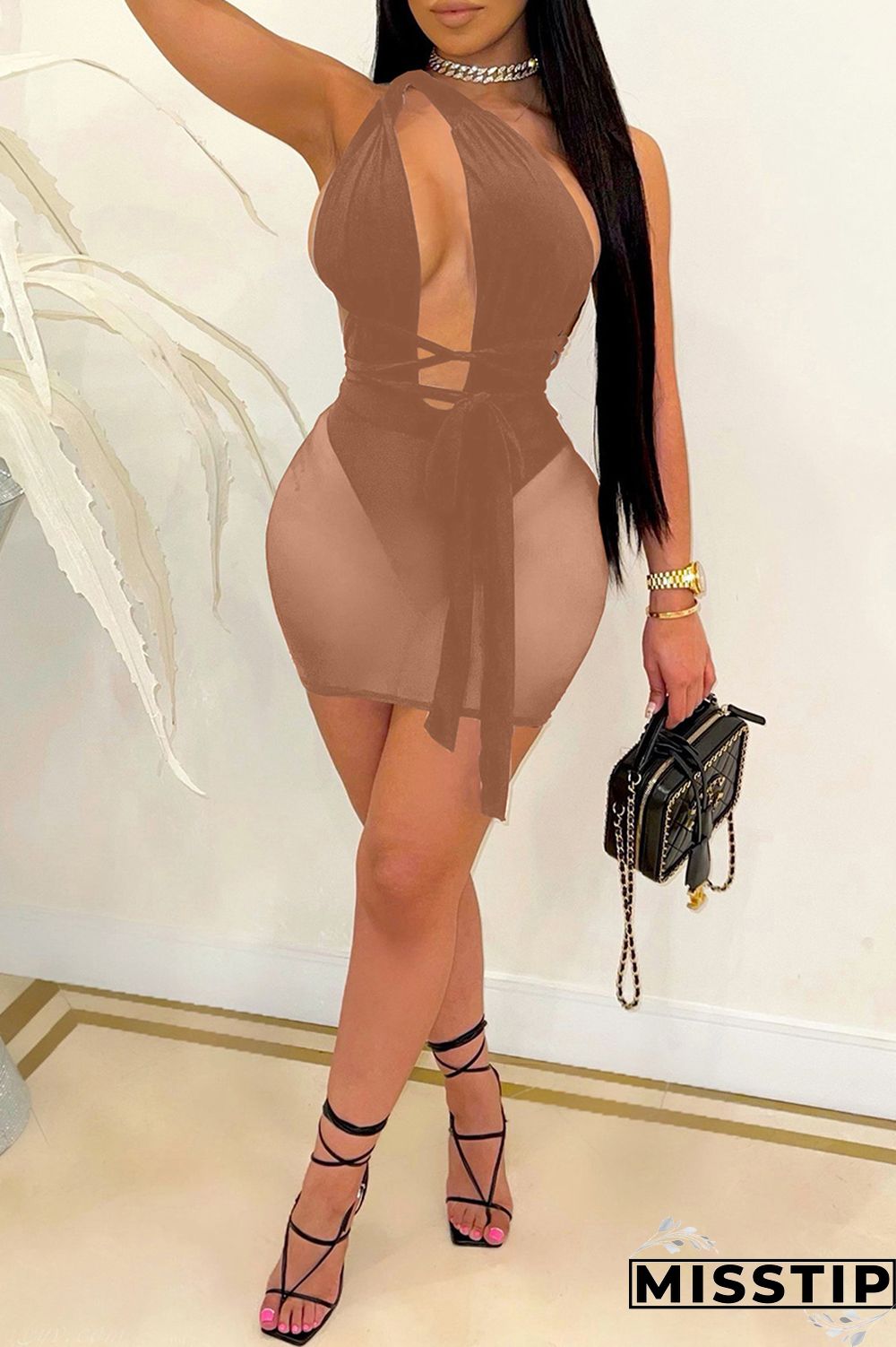 Khaki Fashion Sexy Patchwork Bandage Hollowed Out Backless One Shoulder Sleeveless Dress