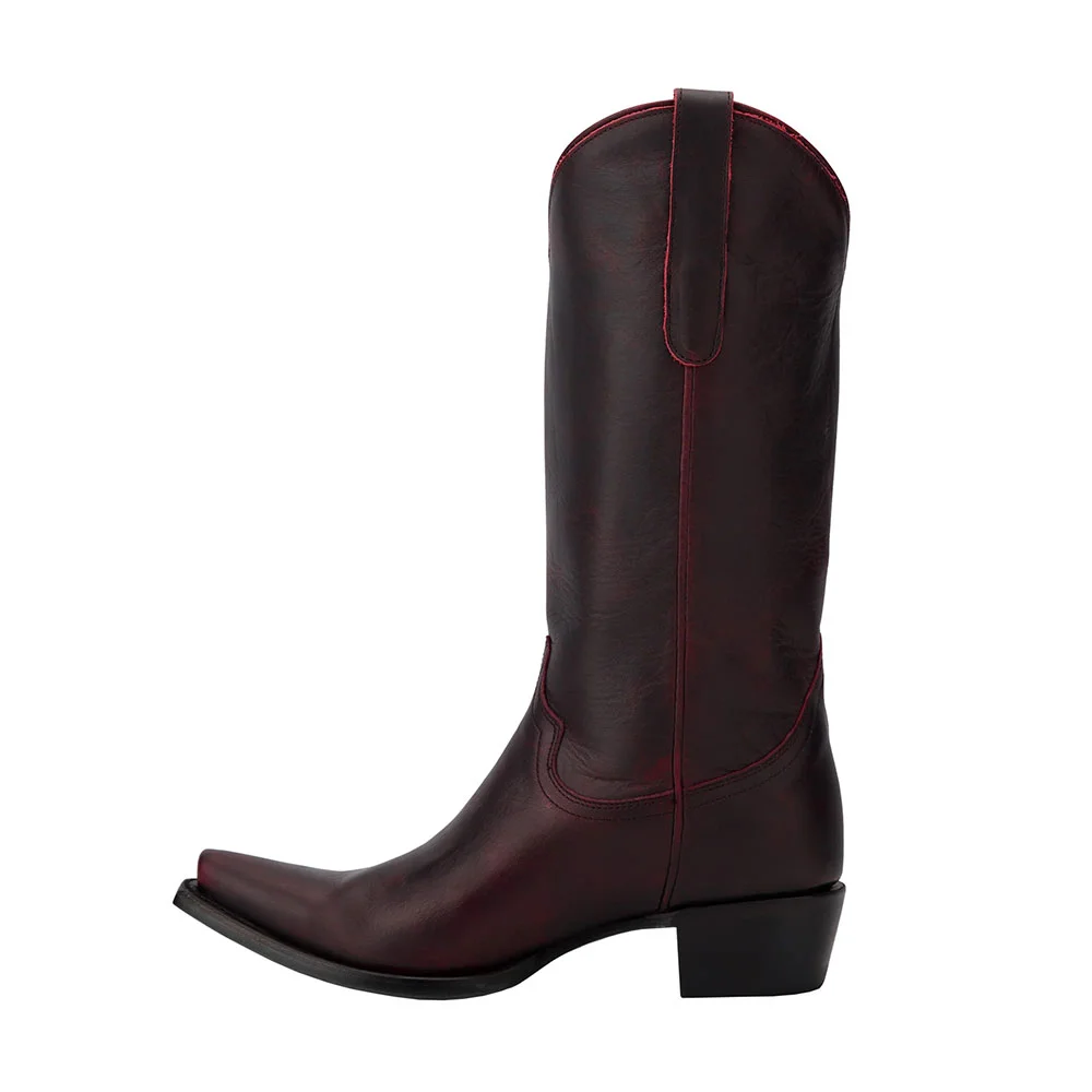 Black & Red Faux Leather Snip Toe Mid Calf Chic Cowgirl Boots