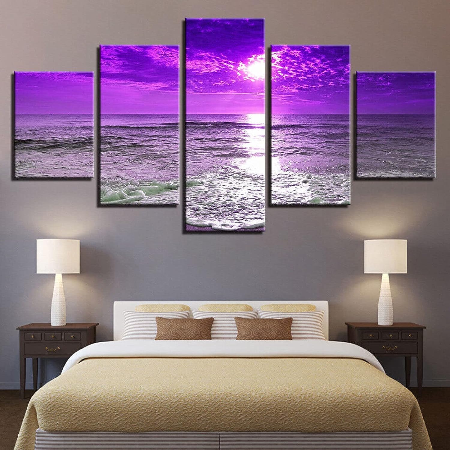 GUOGUAN Print Poster Frames Artwork Home Wall Decor Large 5 Panel Canvas Prints Artwork for Living Room Home Decor Wall 5 Piece Art Beach Purple Sunset Sea Waves 5 Pieces Canvas Framed