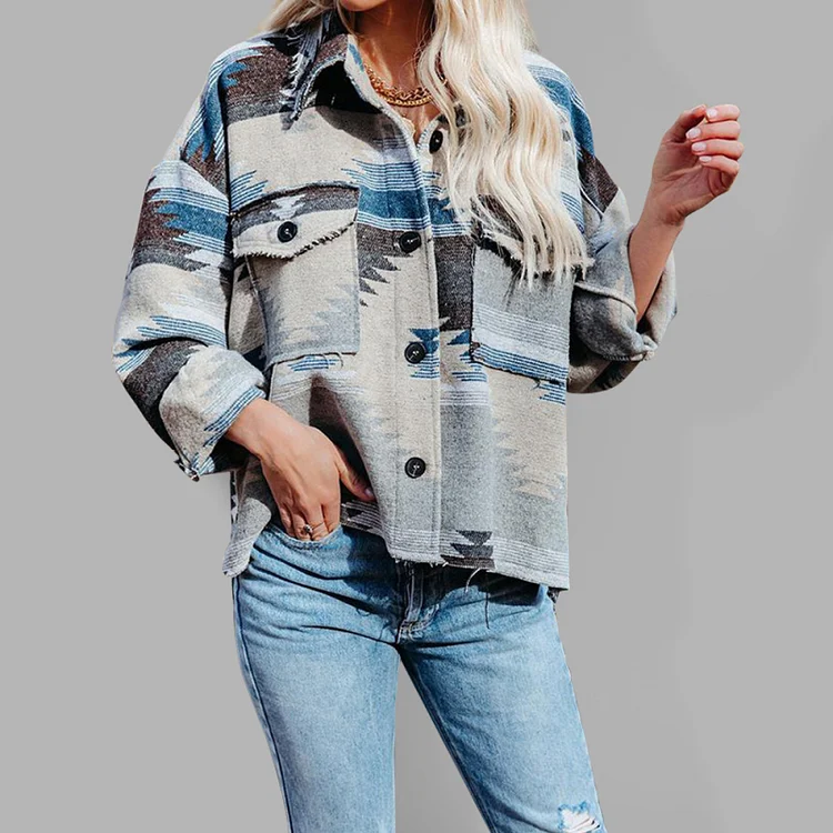 Women's Wool Lapel Ethnic Aztec Jacket Flusfy