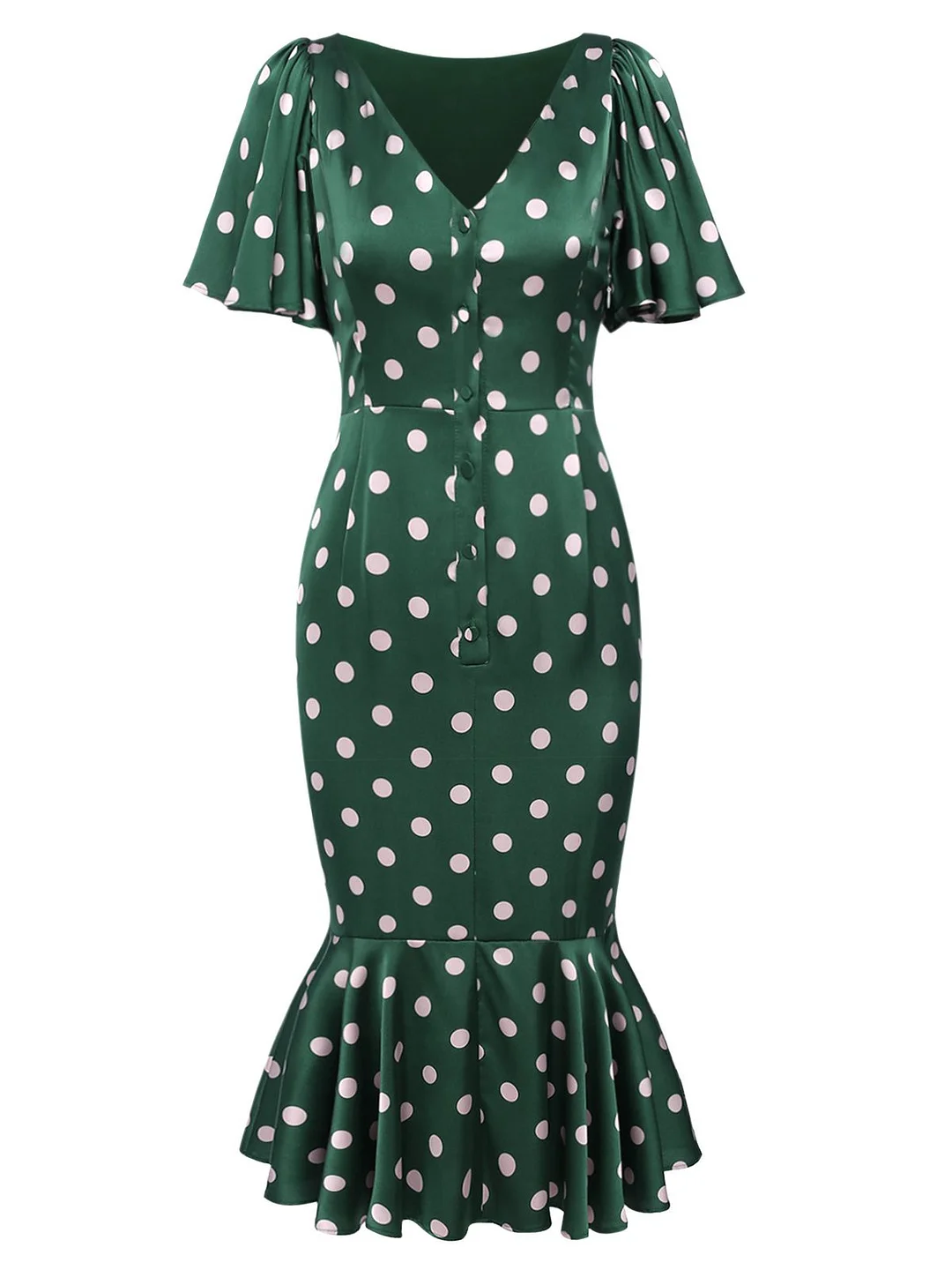 Emerald 1960s Polka Dot Fishtail Dress