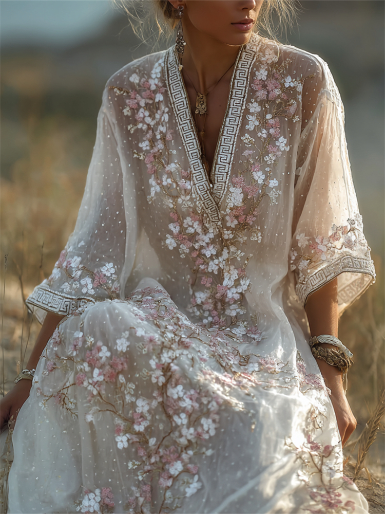 Boho Cherry Blossom Floral Flowy Linen Maxi Dress elevenforest