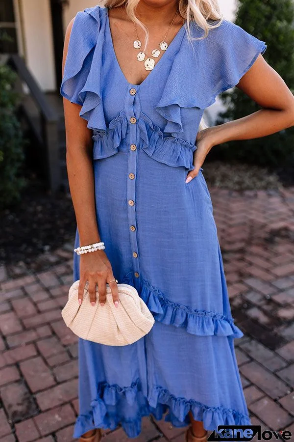 Ruffles Button V Neck Midi Dress