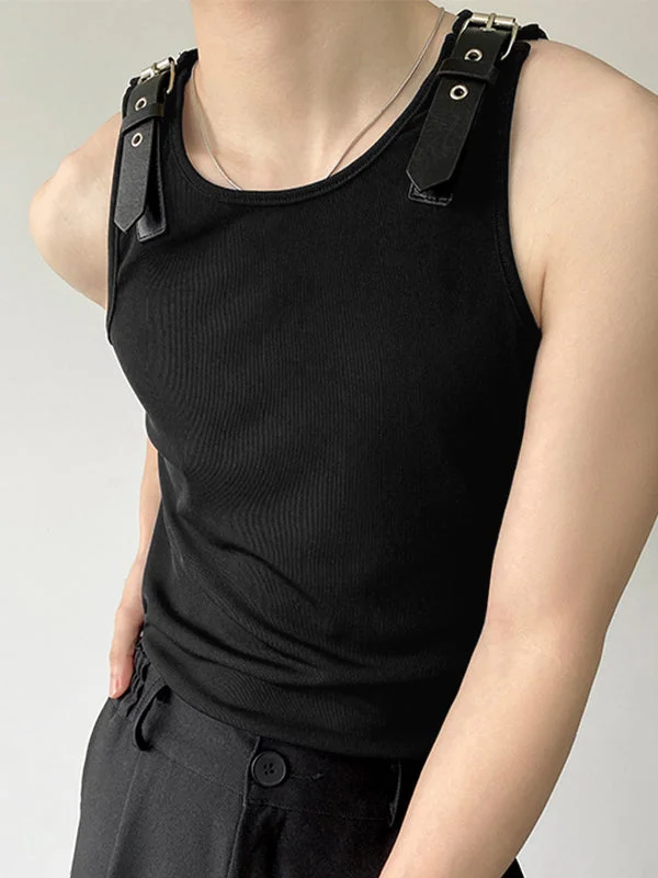 Aonga - Mens Leather Shoulder Buckle Design Knitted VestJ