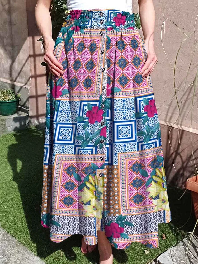 Women's Bohemian Ethnic Print Geometric Floral Print Cotton Skirt