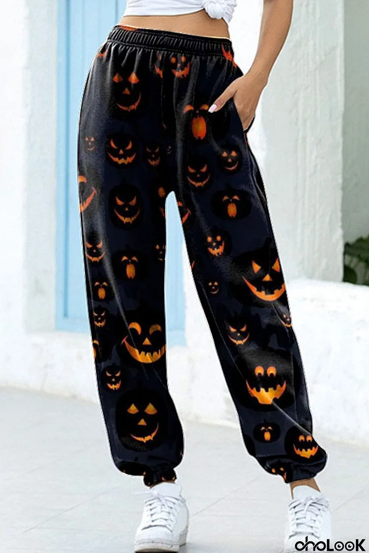 Halloween Jack-O-lantern Print Sweatpants