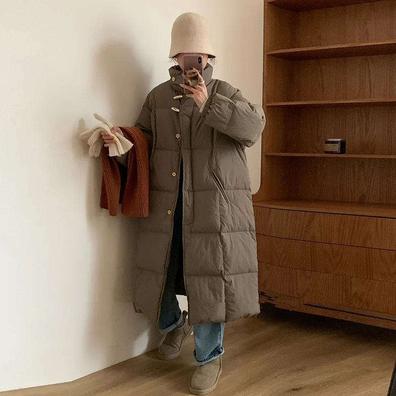 Woherb East Gate Korean Horn Buckle Long Down Jacket Female 2024 Winter Temperament Over The Knee And Thick White Duck Velvet Coat Tide-Outfit Ideas