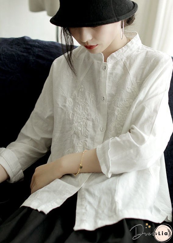 Handmade White Stand Collar Embroideried Cotton Shirts Spring