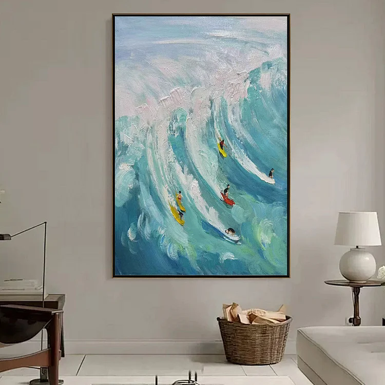 Ready to Ship | Catching the Wave: Vertical Surfer Ocean Painting（Canvas painting）
