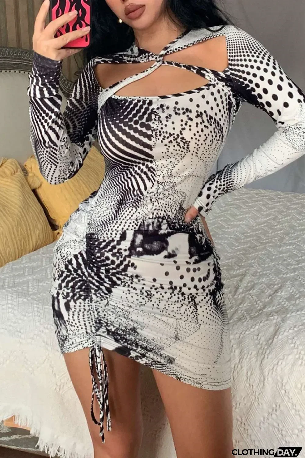 Black Fashion Sexy Print Hollowed Out O Neck Long Sleeve Dresses