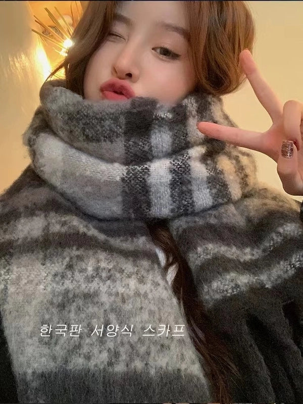 Autumn And Winter Thickened Scarf Women’s Korean-style Rainbow Plaid Tassel Mohair Shawl Student Versatile Warm Scarf Fashion