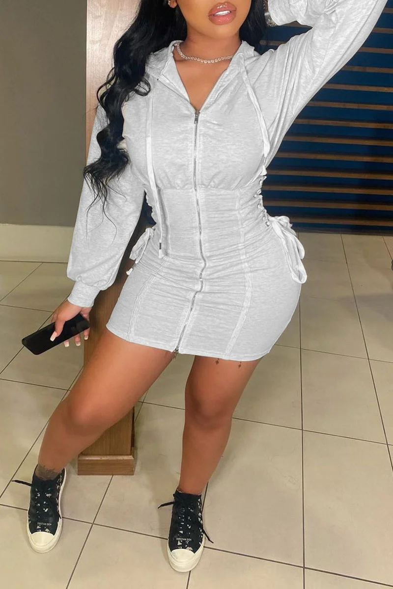 Grey Casual Solid Bandage Patchwork Fold Zipper Hooded Collar One Step Skirt Dresses | EGEMISS