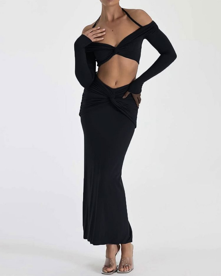 Off-shoulder Halter Neck Knot Navel Expose Fashion Long Sleeve Maxi Dress Set