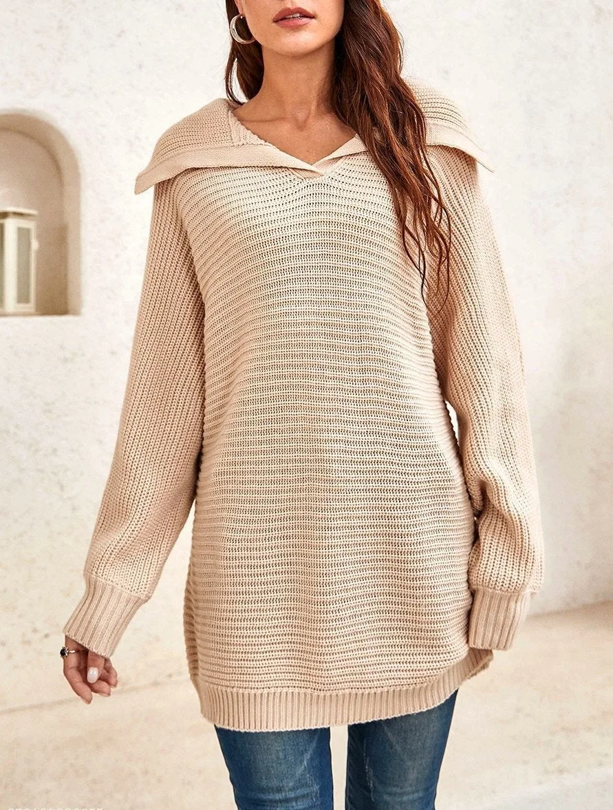 Women Solid Color Casual Polo Collar Long-Sleeves Sweater