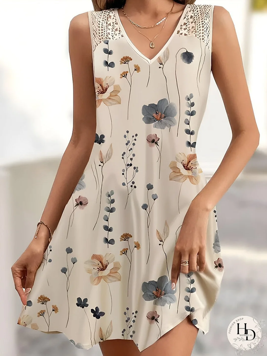 Printed V-Neck Sleeveless Mini Dress
