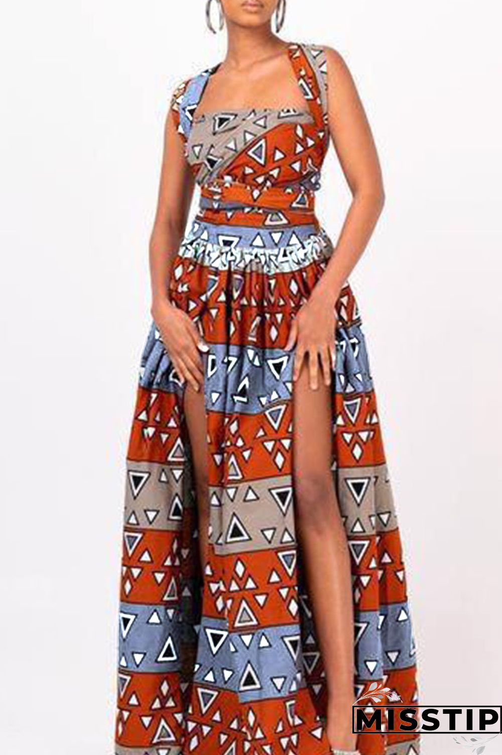 Brick Red Vintage Elegant Print Bandage Patchwork Asymmetrical Collar A Line Dresses