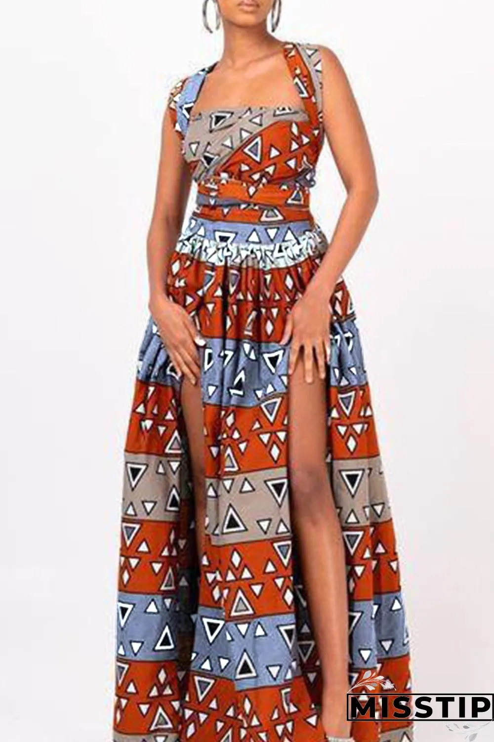 Brick Red Vintage Elegant Print Bandage Patchwork Asymmetrical Collar A Line Dresses
