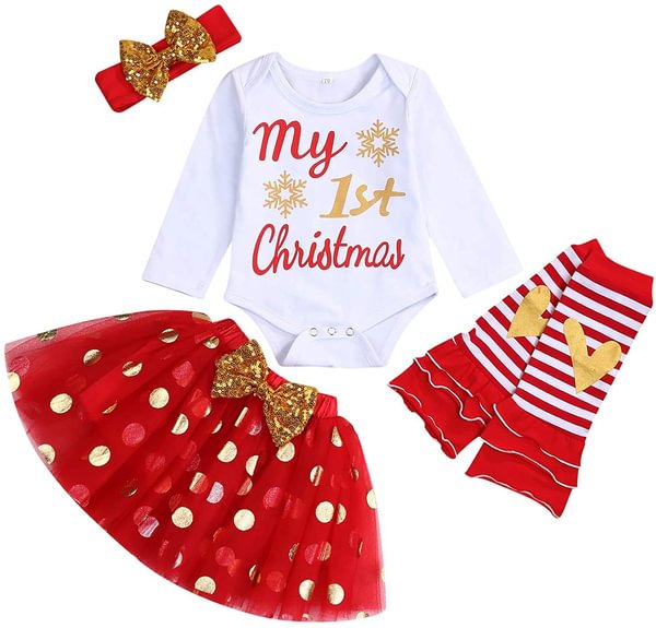 My First Christmas Clothes Baby Girls My 1st Christmas Romper Top+Dot Tutu Skirt+Leg Warmers+Headband 4Pcs Outfit Set - Shop Trendy Women's Fashion | TeeYours