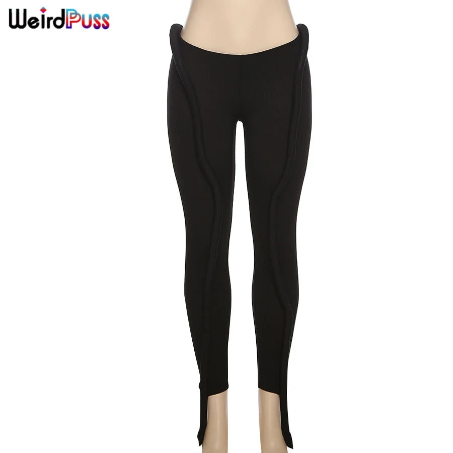 Weird Puss Sexy Women Low Waist Pants Trend Design Fitness Casual Ribbed Skinny Fashion Streetwear Slim Sporty Running Jogger