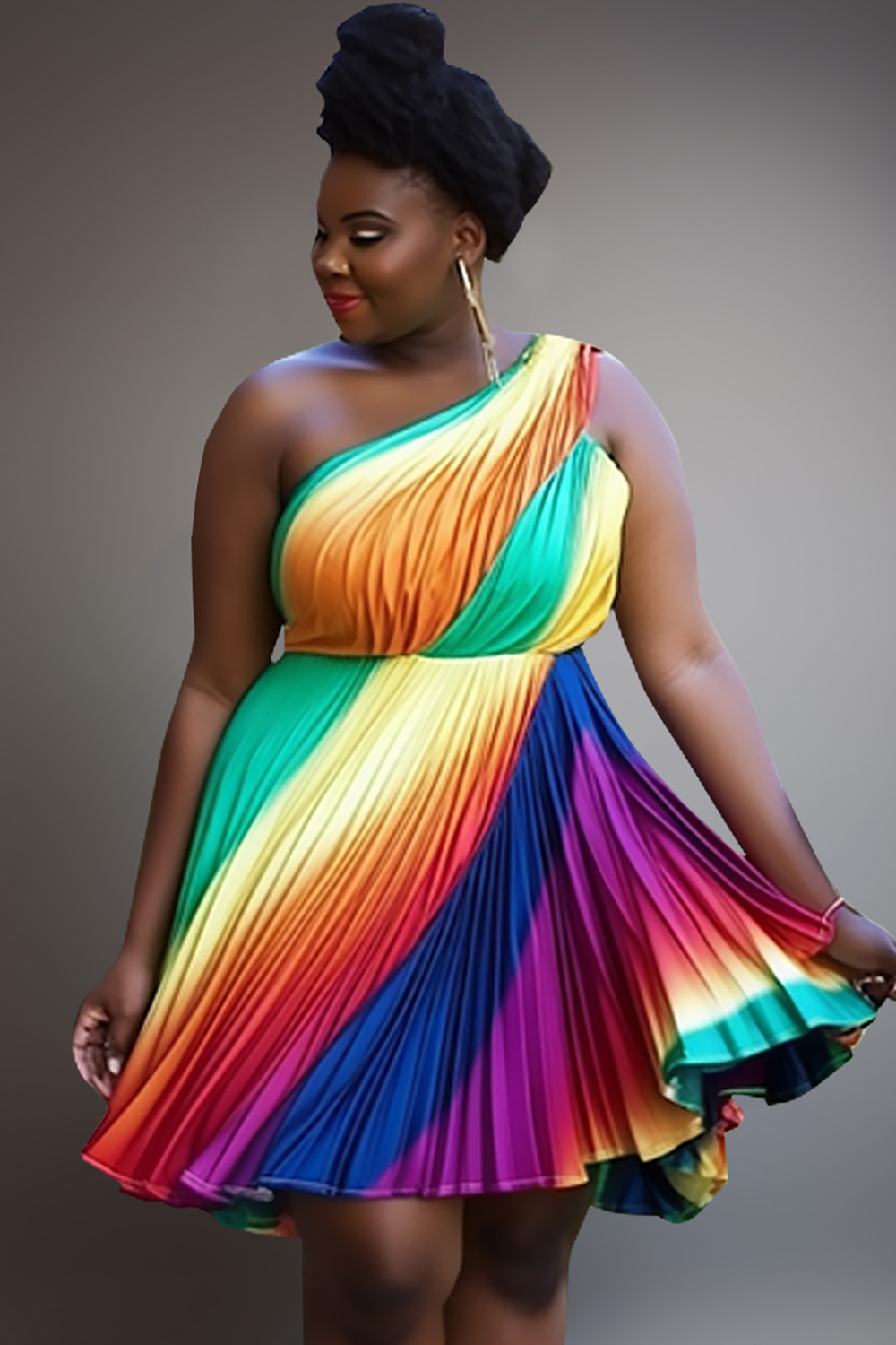 Design Plus Size Elegant Multicolor Gradient Oblique Collar One Shoulder Pleated Satin Mini Dresses [Pre-Order]