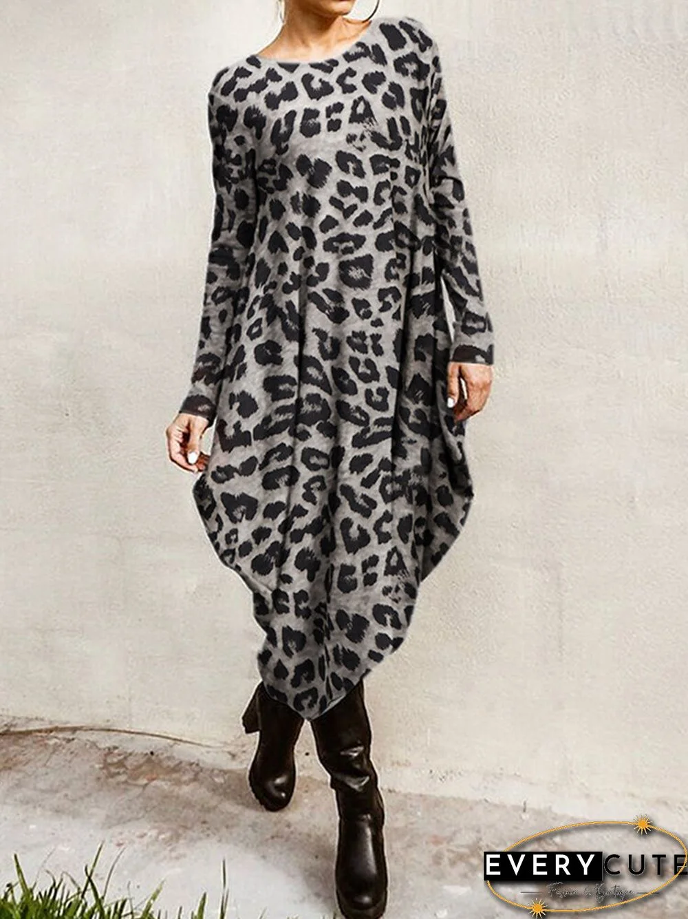 Leopard Print Long Sleeves O-neck Casual Dress