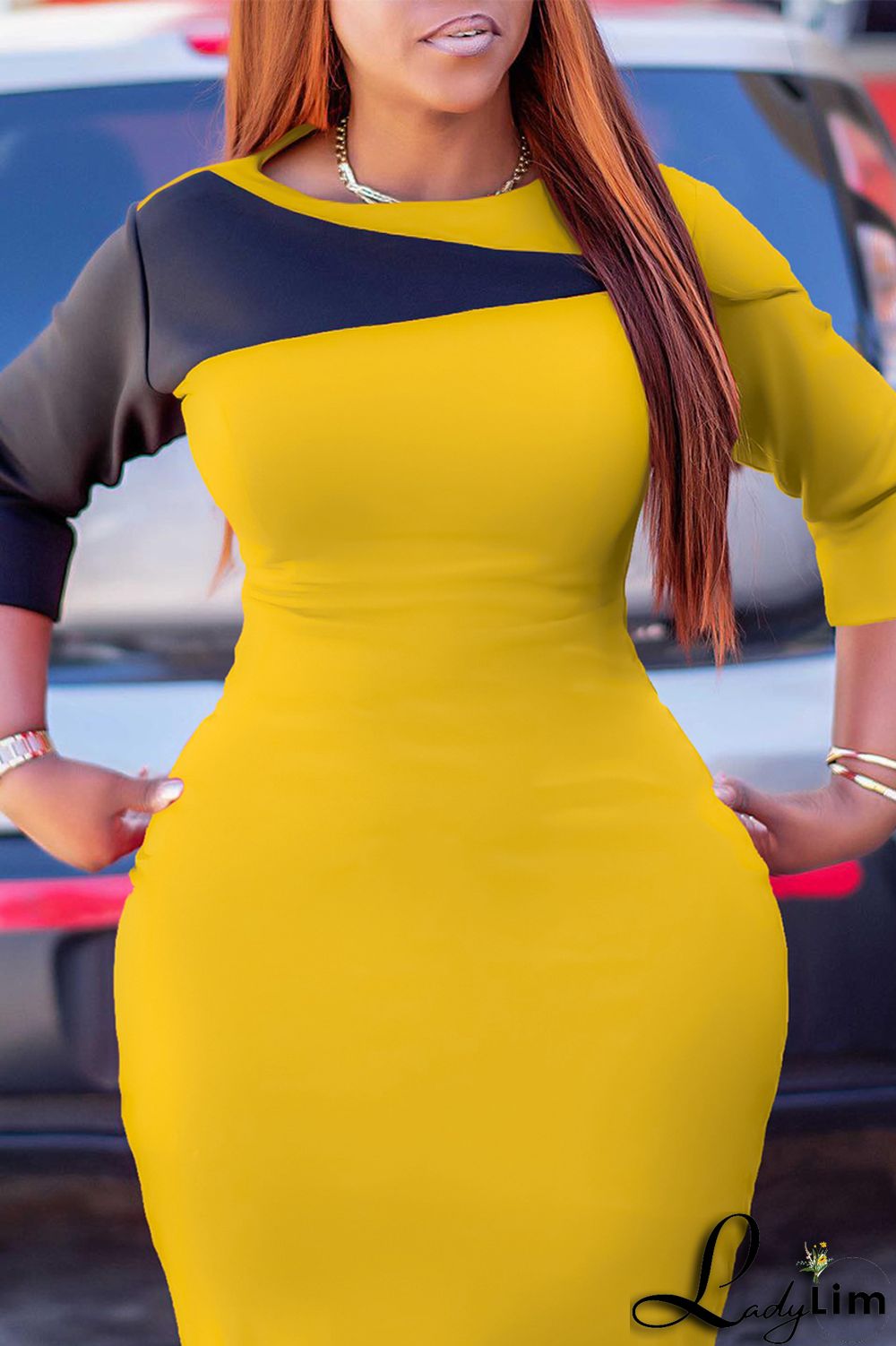 Yellow Elegant Solid Color Block Patchwork Contrast Zipper O Neck Wrapped Skirt Dresses