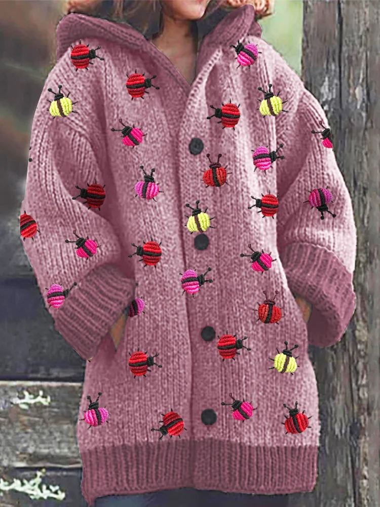 VChics Luminescent Ladybug Knit Pattern Cozy Hooded Cardigan