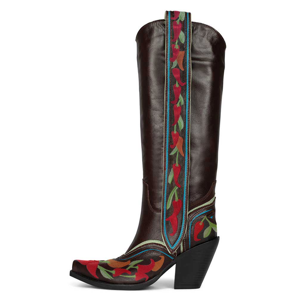 Dark Brown Chili Embroidered Wide Calf Chunky Heel Cowgirl Boots