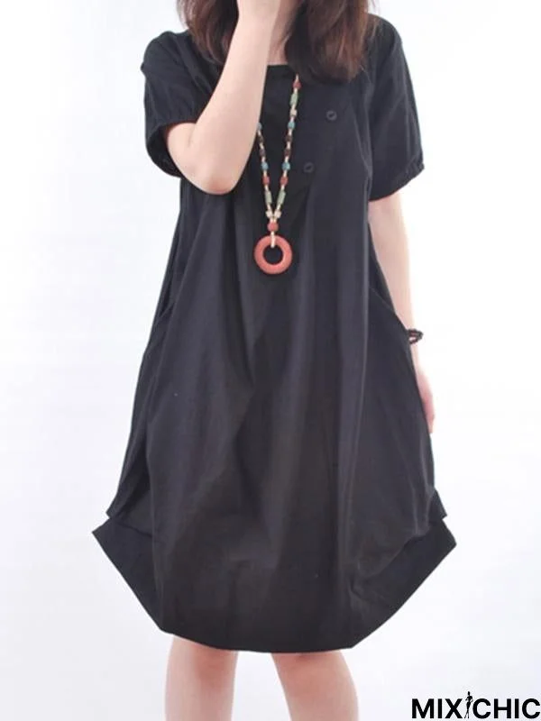 Crew Neck Short Sleeve Cocoon Casual Skirts Black Dresses