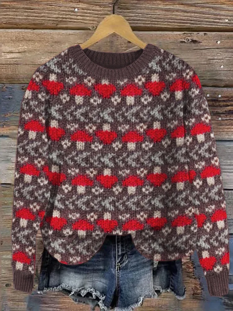 Vintage Mushroom Pattern Cozy Knit Sweater