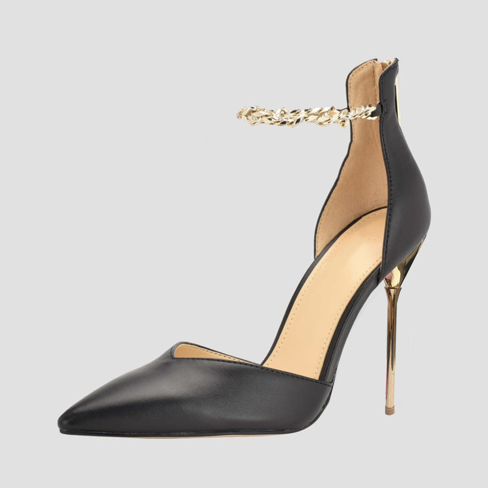 Black Closed Toe Stiletto High Heel Ankle Strap Pumps with Chain  Nicepairs