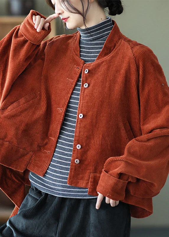 Women Caramel Pockets Button asymmetrical design Fall Corduroy Coat