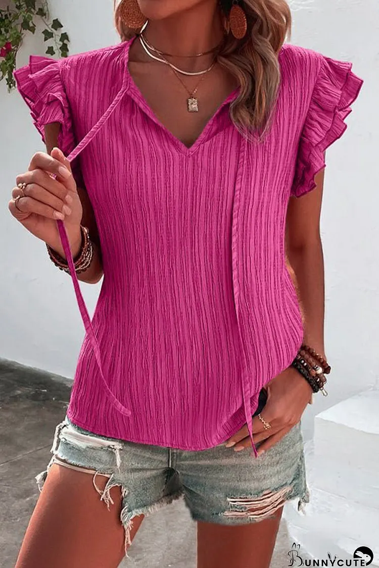 Rose Red Textured Ruffled Sleeve V Neck Top