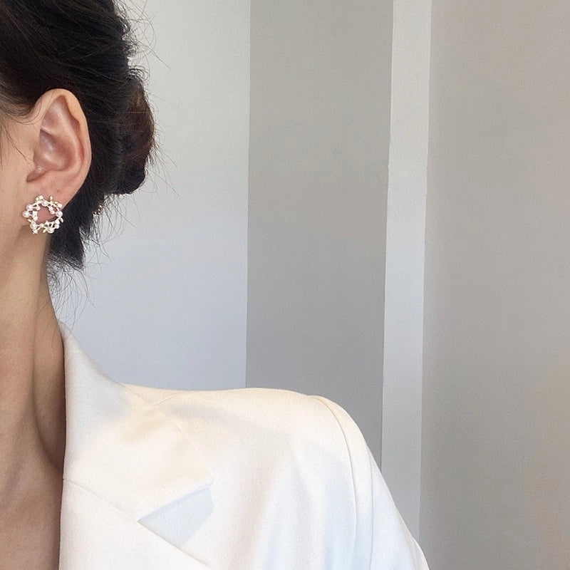1 Piece IG Style Geometric Flower Inlay Alloy Artificial Pearls Ear Studs
