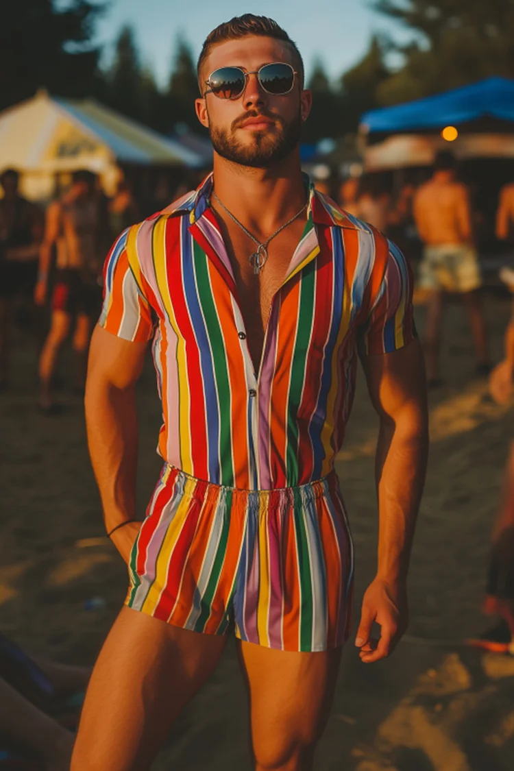Ciciful Men's Rainbow Stripe Button Up Slim Fit Pride Shirt Romper 